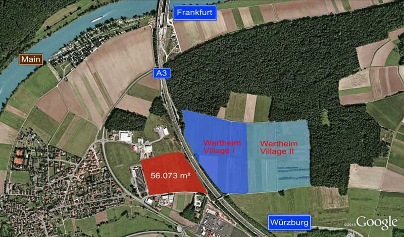 Wertheim Village: Zu erwerbende Gewerbehalle noch nicht vorhanden, mit dem letzten Gewerbegrundstück liegt direkt neben der A3 WÜ-FRA