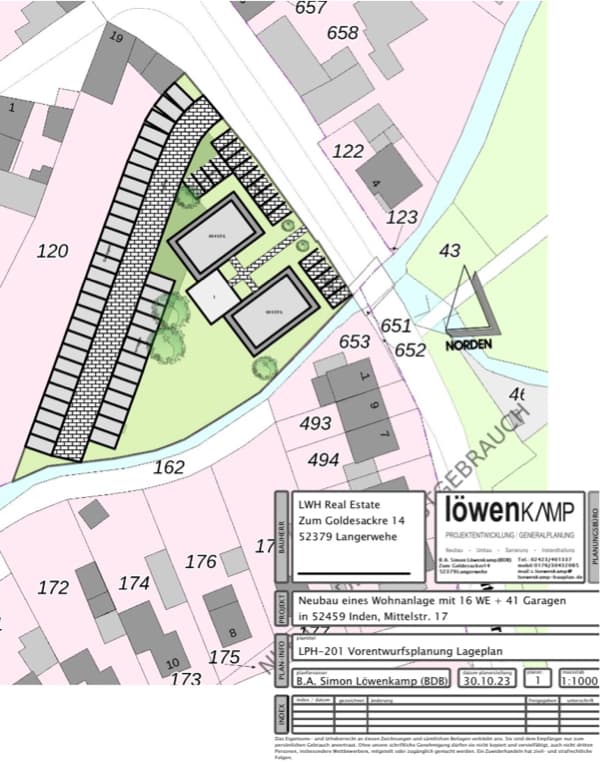 Projektierung zweier Mehrfamiliehäuser (KFW55) mit einem Garagenhof 41 Einzelgaragen
