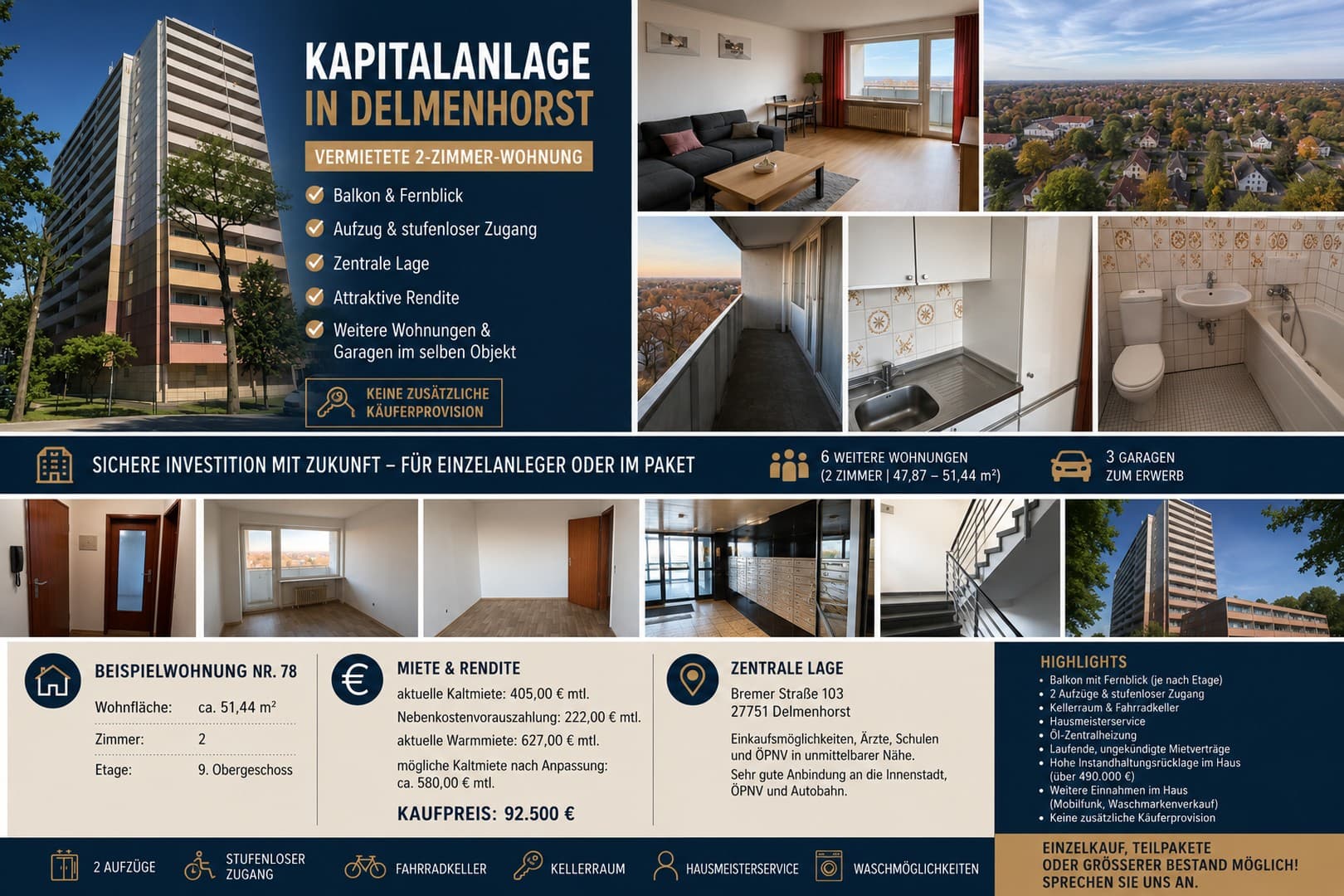 Vermietete 2-Zimmer-Wohnung mit Balkon und Fernblick – attraktive Kapitalanlage in Delmenhorst
