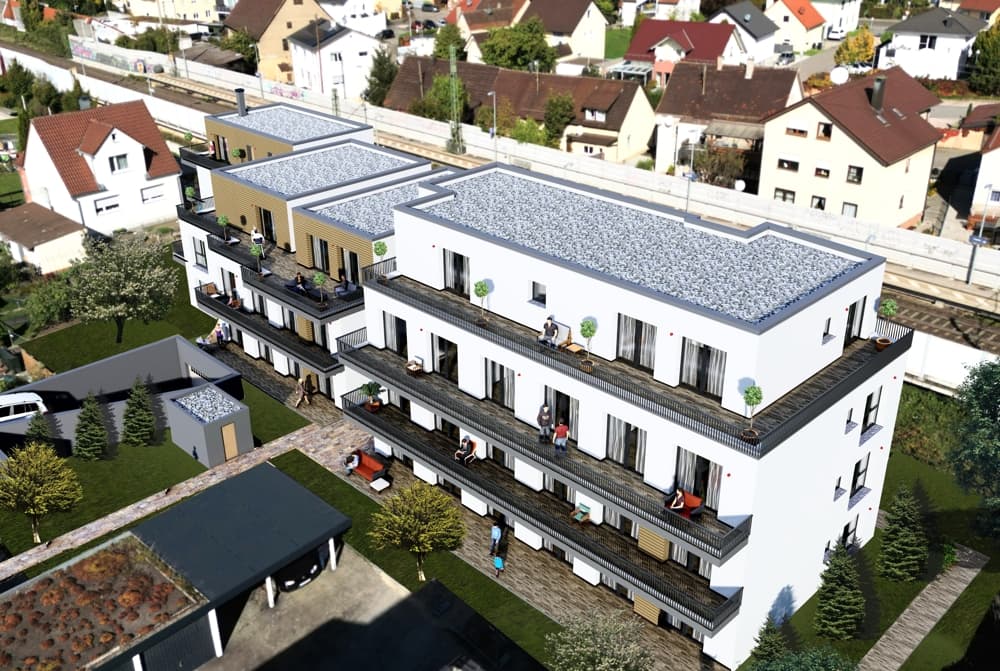 2-Zi.-Wohnung im EG, Terrasse, inkl. neuer Einbauküche, Aufzug! KFW 40-QNG-Standard!