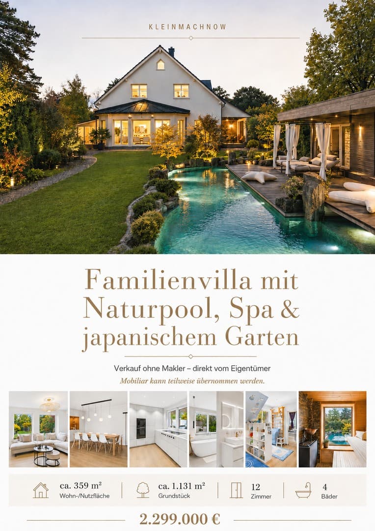 Familienvilla mit Naturpool, Spa und japanischem Garten