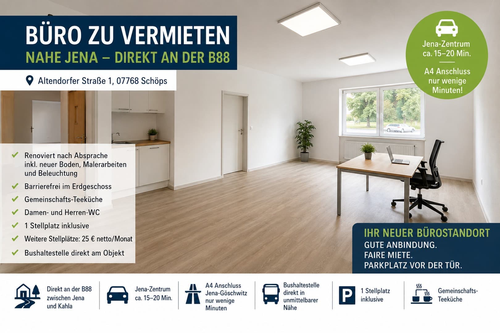 78 m² Büroeinheit mit 2 Büros + Lager – direkt B88 nahe Jena