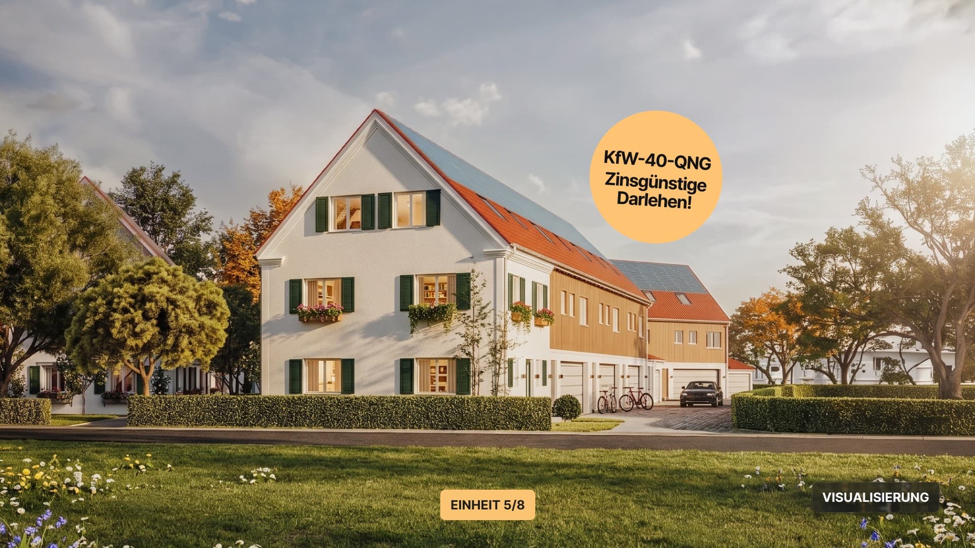 Einheit 5 – Reiheneckhaus in Landhausoptik mit Garten & Doppelgarage | KfW-40-QNG, Baubeginn erfolgt