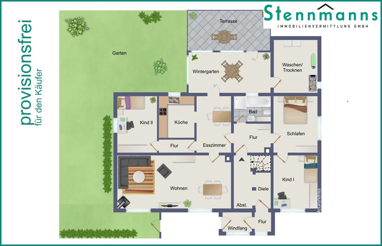 5 ZIMMER-EIGENTUMSWOHNUNG MIT GARAGE, WINTERGARTEN & GARTENNUTZUNG AM ZENTRUM VON RADEVORMWALD,
PROVISIONSFREI !