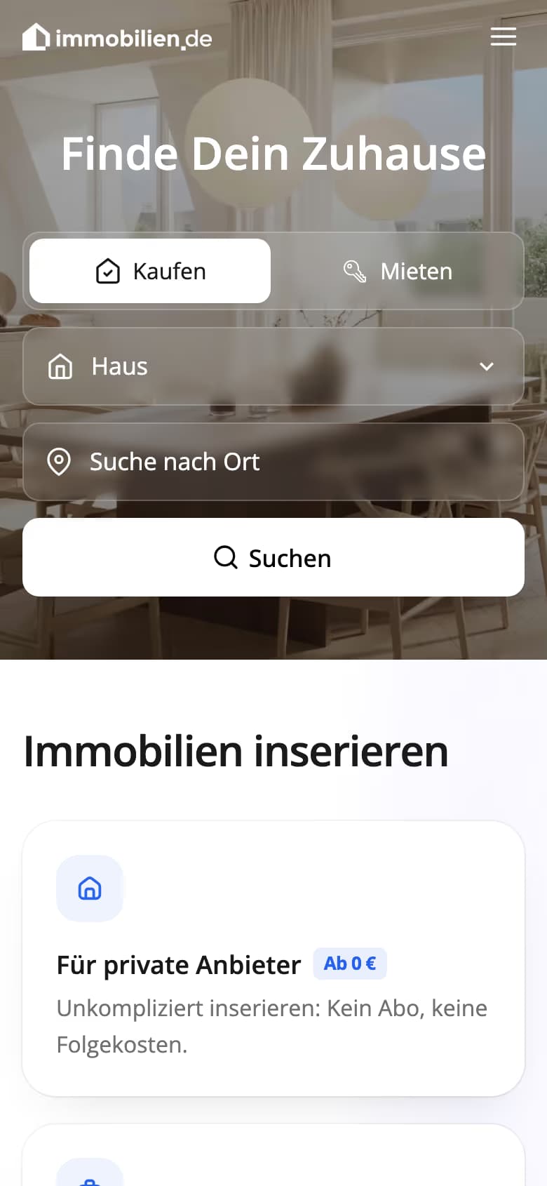 Die mobile Startseite von immobilien.de heute