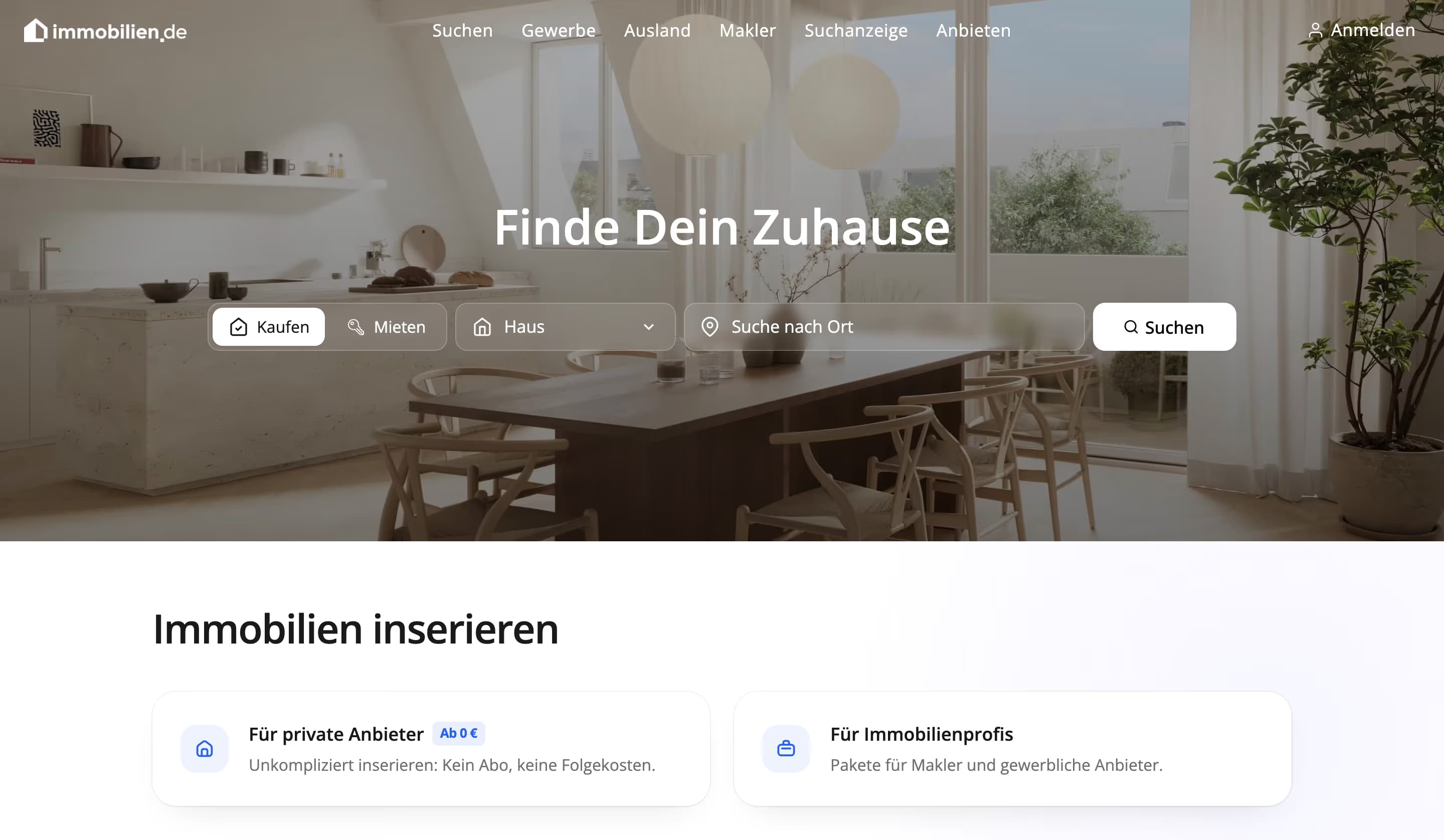 Die Startseite von immobilien.de heute