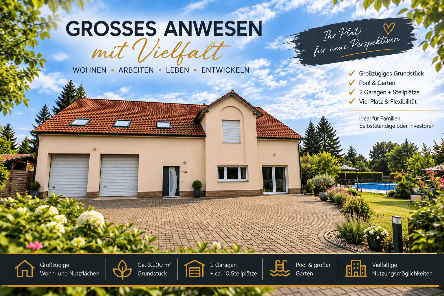 Großzügiges Anwesen auf 3.200 m² mit Pool, Garagen & viel Potenzial