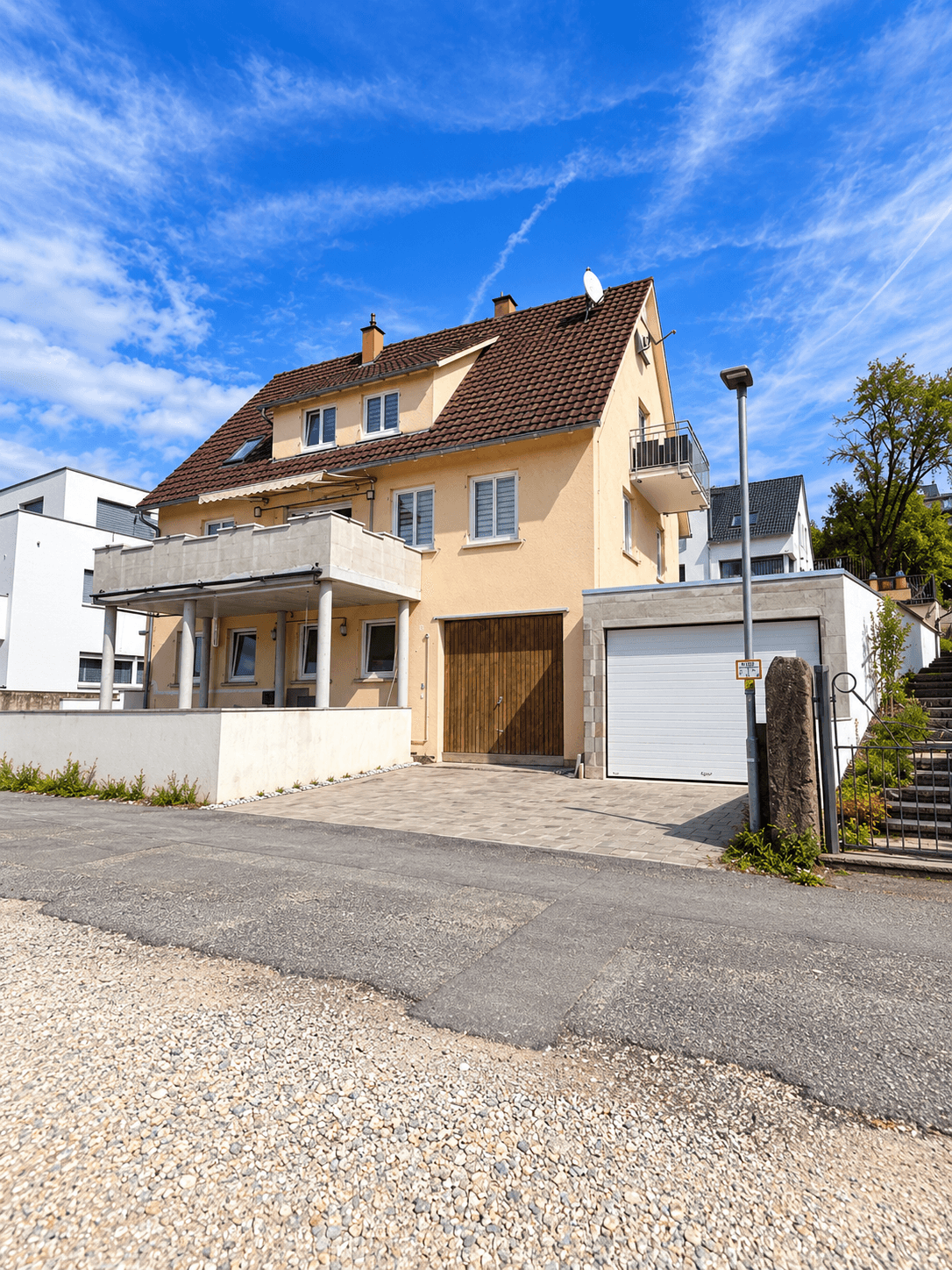 Dieses großzügige und vielseitig nutzbare Haus in Neckartenzlingen bietet viel Platz für Familien, Mehrgenerationenwohnen oder die Kombination aus Eigennutzung und Vermietung. Die Immobilie verfügt über eine großzügige Raumaufteilung mit zahlreichen Zimmern und bietet dadurch vielfältige Möglichkeiten zur individuellen Gestaltung und Nutzung. Ein besonderes Highlight ist die separate 2-Zimmer-Wohnung im unteren Bereich des Hauses. Diese eignet sich ideal zur Vermietung und verfügt über eine großzügige Terrasse mit ca. 25 m². Somit besteht die attraktive Möglichkeit, einen Teil des Hauses separat zu vermieten und zusätzliche Mieteinnahmen zu erzielen. Die obere Wohneinheit bietet ebenfalls viel Platz und verfügt über einen großzügigen Balkon mit ca. 18 m², der zusätzlichen Freiraum im Außenbereich schafft. Zum Haus gehören außerdem zwei große Garagen, die komfortable Stellmöglichkeiten für Fahrzeuge sowie zusätzlichen Stauraum bieten. Die Lage ist besonders für Familien interessant: Eine Schule befindet sich direkt gegenüber, sodass der Schulweg besonders kurz ist. Auch ein Kindergarten befindet sich in der Nähe. Einrichtungen des täglichen Bedarfs sowie weitere Angebote sind gut erreichbar. Insgesamt bietet diese Immobilie eine interessante Kombination aus großzügigem Wohnraum, separater Wohneinheit, attraktiven Außenflächen und vielseitigen Nutzungsmöglichkeiten. Besonders für größere Familien, Mehrgenerationenwohnen oder Käufer, die Wohnen und Vermietung miteinander verbinden möchten, bietet das Haus hervorragende Voraussetzungen.