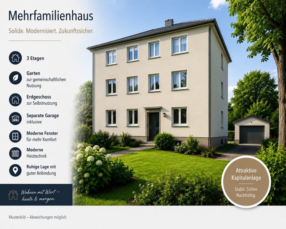 Mehrfamilienhaus mit 3 Wohnungen, 1 Wohnung im Erdgeschoss zur Selbstnutzung frei, Garten u. Garagen
