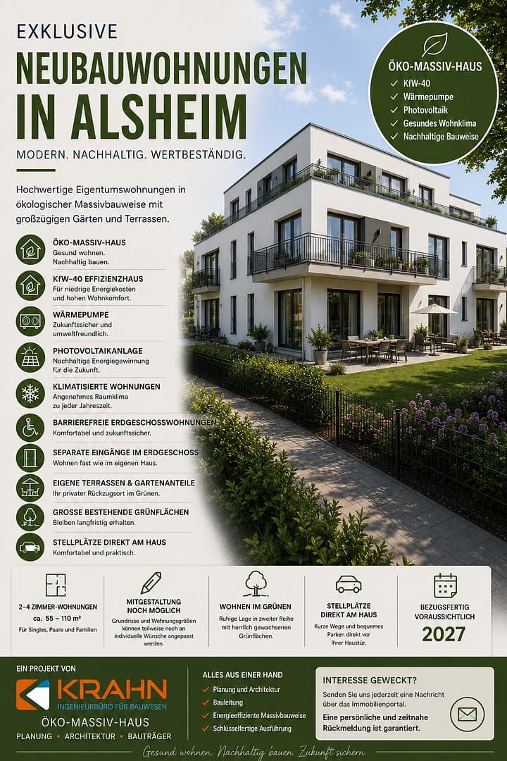 Moderne Neubauwohnungen in Alsheim – Garten & Terrasse oder Balkon