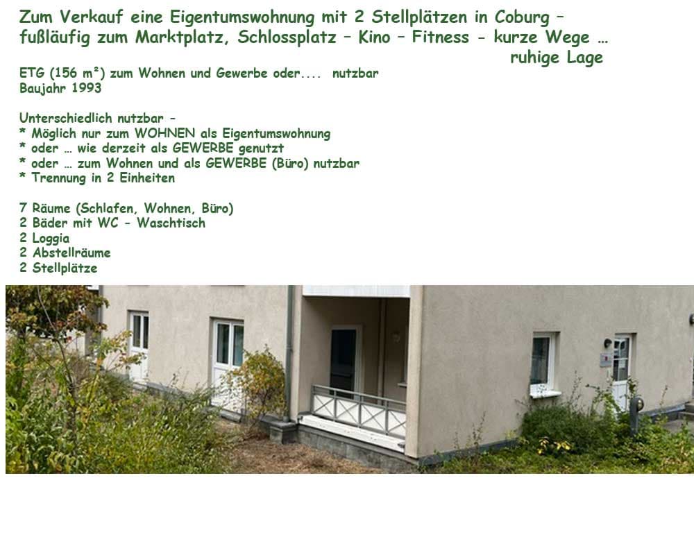 ETW -156 m² - 2 Stellplätze - in Coburg Hahnweg – fußläufig zum Marktplatz, Schlossplatz – Kino – Fitness - kurze Wege … ruhige Lage