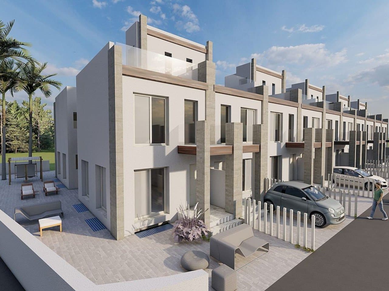 Neues Konzept von modernen Neubau-Stadthäusern mit hochwertigen Materialien