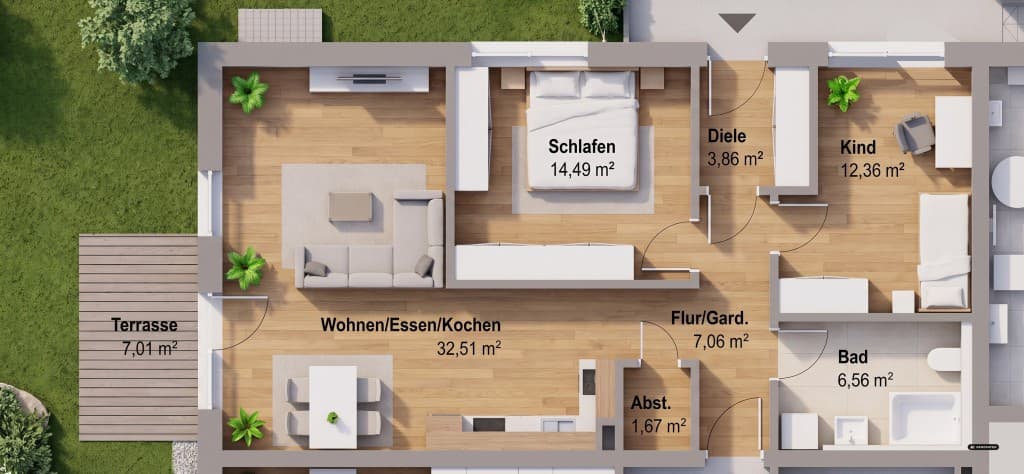 FS-MOOSBURG-moderne 3 Zi. ETW m. Terr.-ca.74 m² Garten KFW 55