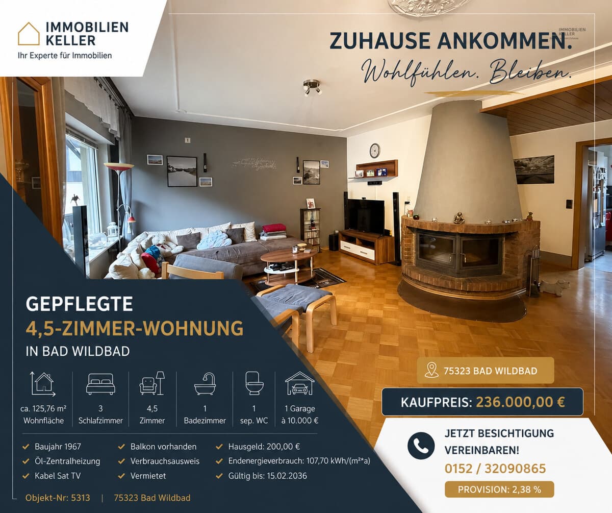 125 m² Kapitalanlage in Bad Wildbad – deutlich unter Markt vermietet | Garage | Kamin | Balkon