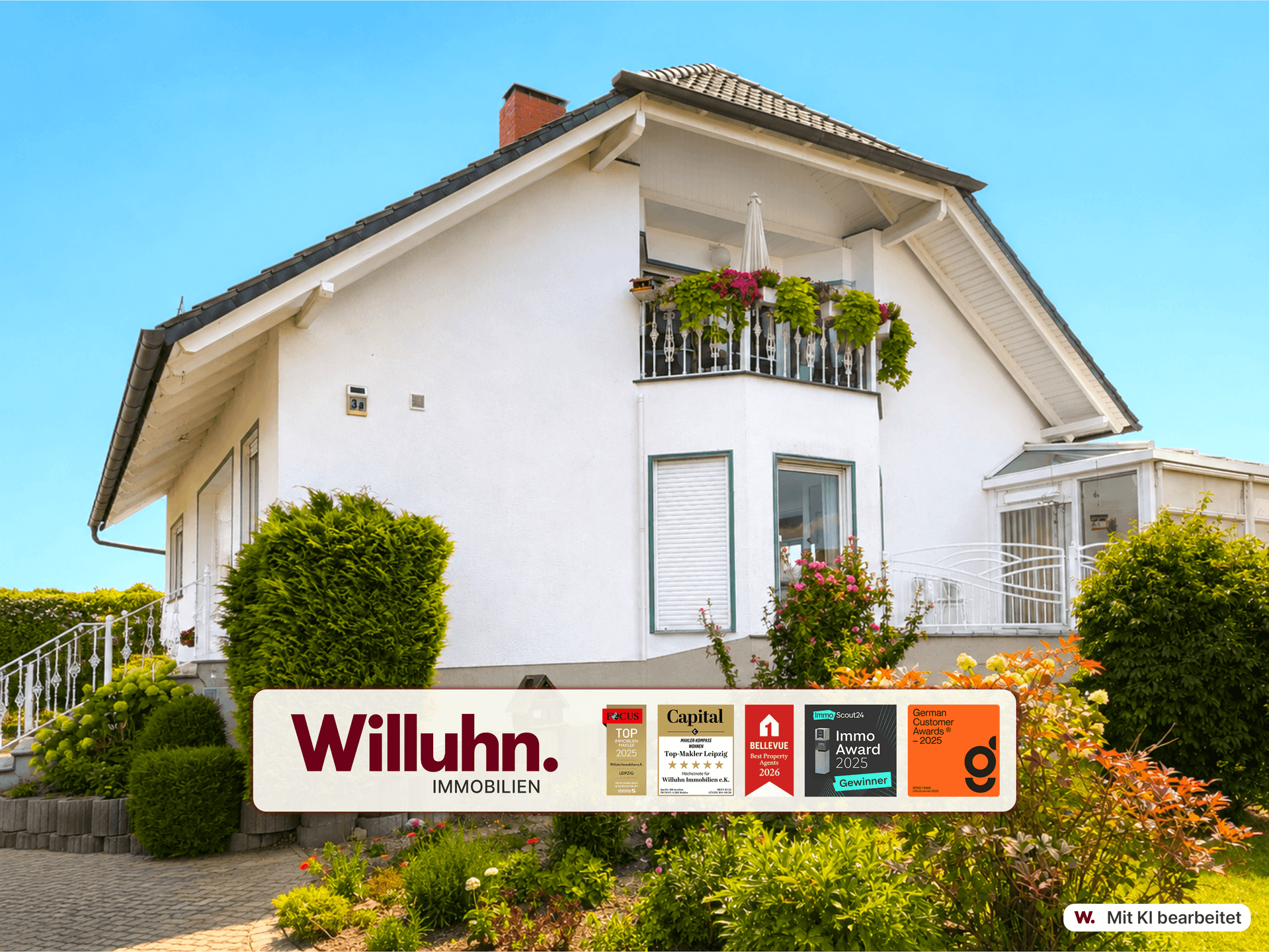 1-2-Familienhaus: Wintergarten | zwei Balkone + Terrasse | Kamin | Infrarotkabine | Gartenland
