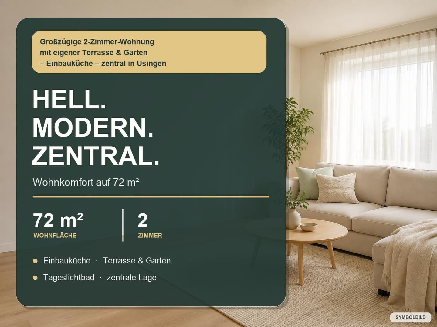 Großzügige 2-Zimmer-Wohnung mit eigener Terrasse & Garten – Einbauküche – zentral in Usingen
