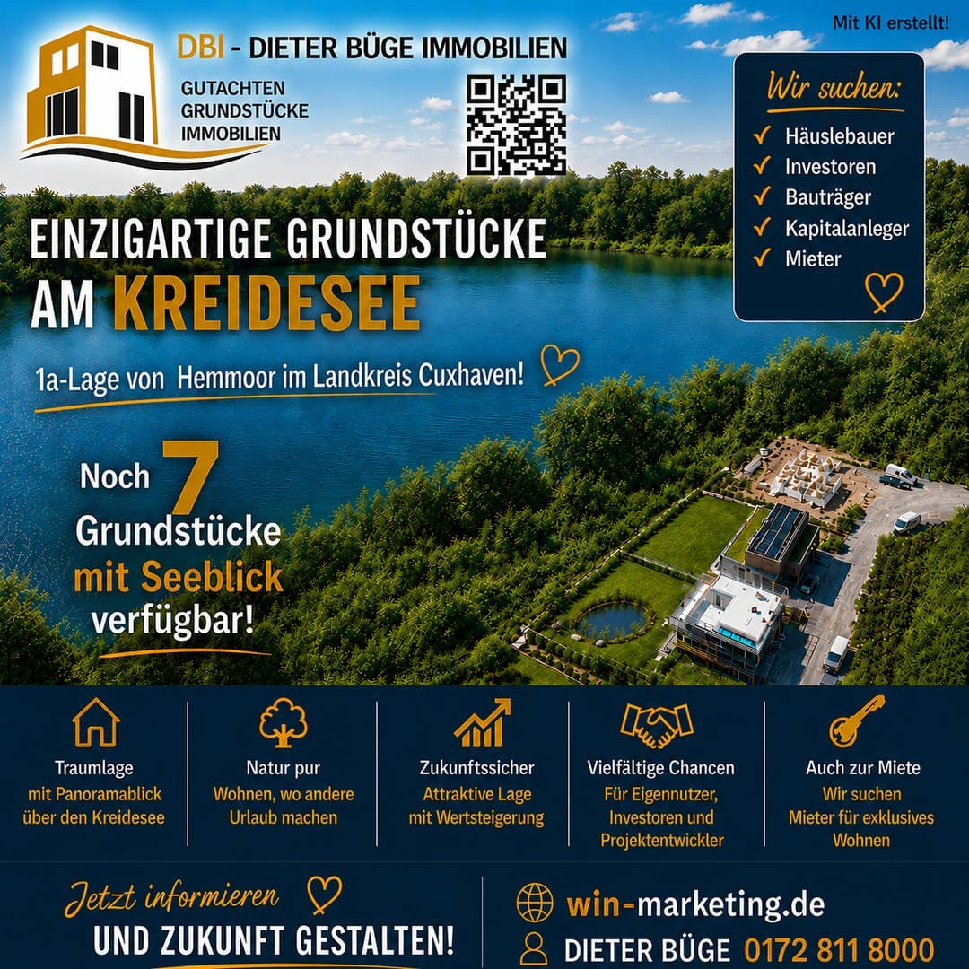 Seegrundstücke LK Cuxhaven ab 970 m² 1. Reihe, Panorama-Seeblick, 1a-Lage von 21745 Hemmoor