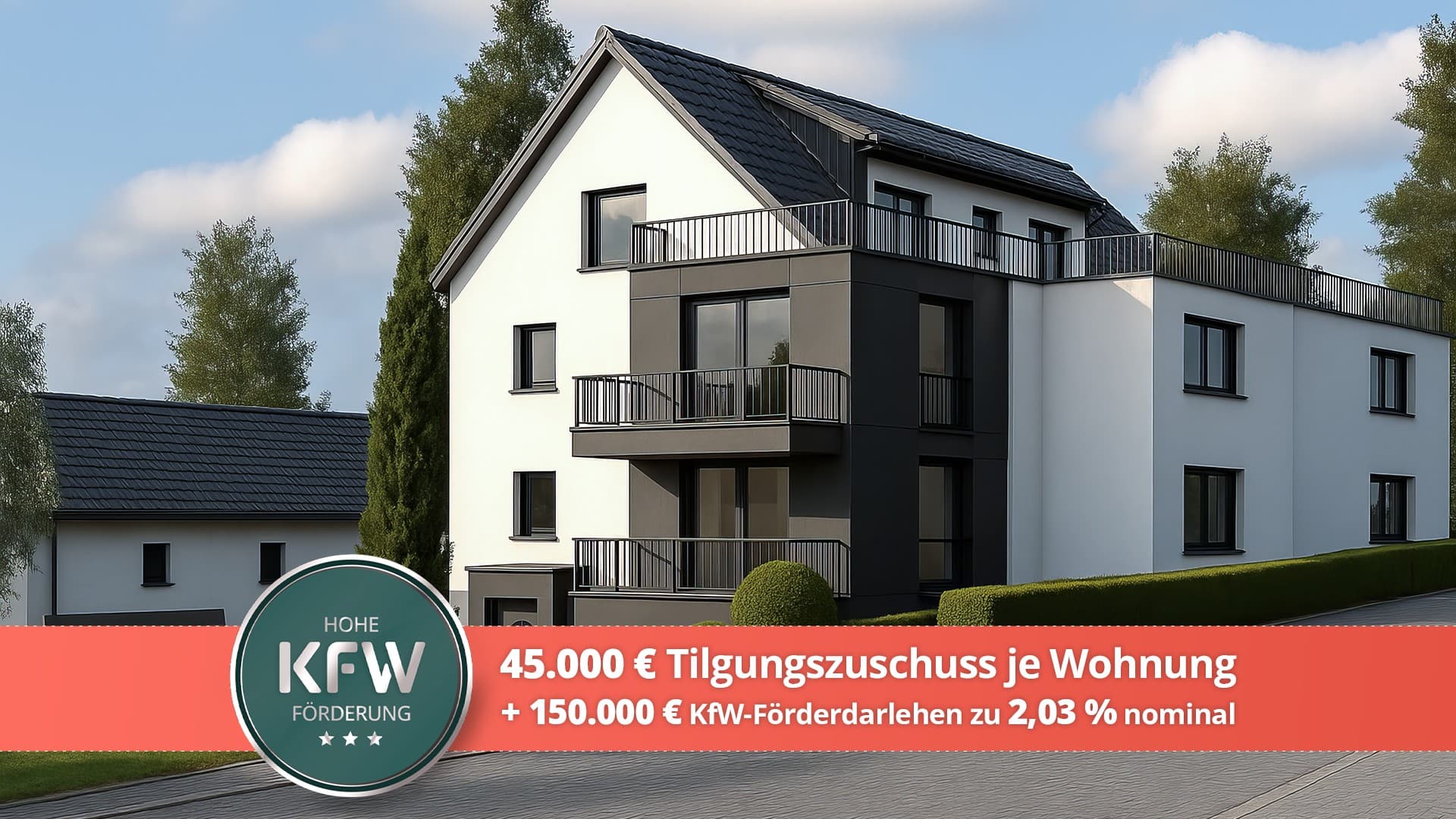 Nur noch 3 von 6 exklusiven ETW verfügbar – KfW-Darlehen 2,03 % + 45.000 € Zuschuss je Wohnung