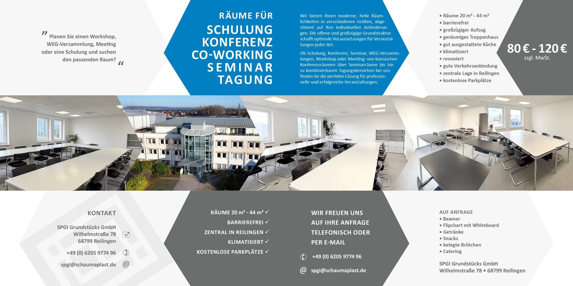 Schulungsäume Konferenzräume Seminarräume Co-Workingspace 22m² bis 44m² barrierefrei klimatisiert