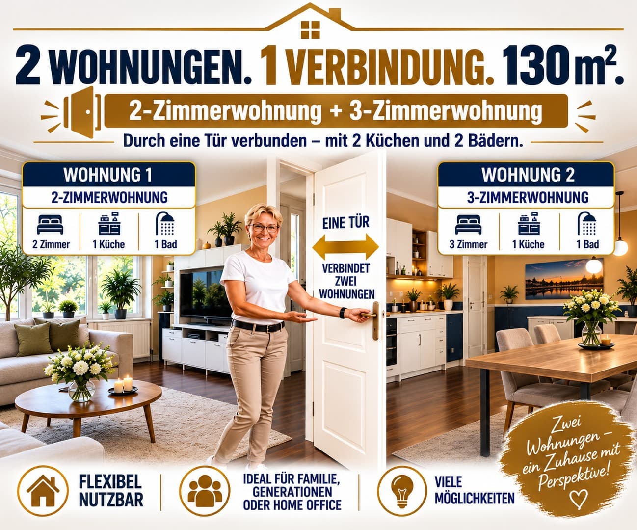 130 m² Wohnfläche – Zwei Eigentumswohnungen, verbunden durch eine Innentür
