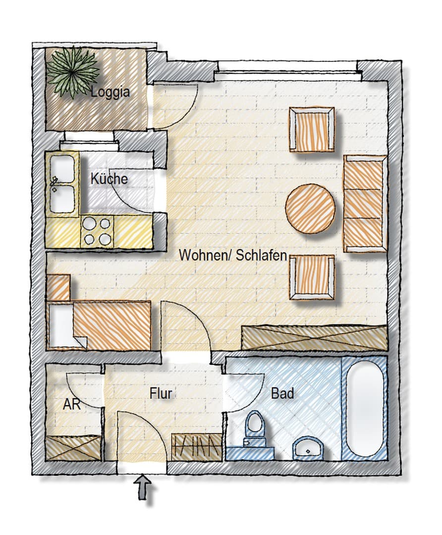 Erstbezug nach Kernsanierung – 1-Zimmer-Wohnung mit Loggia, 5. OG mit Aufzug