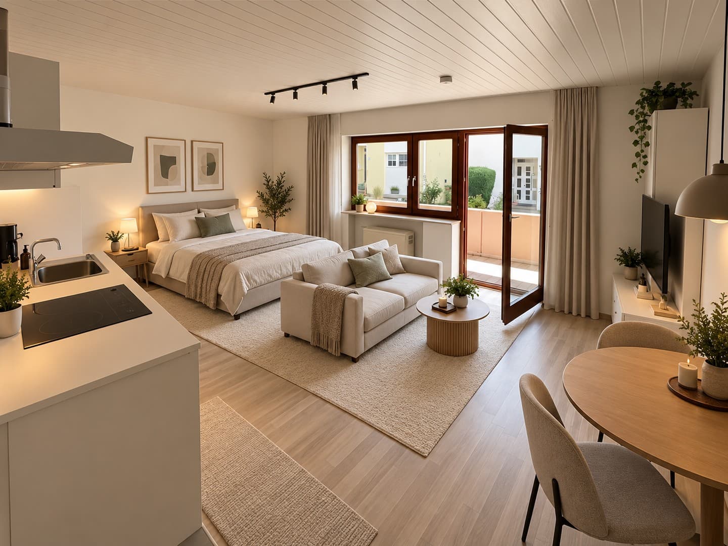 Schönes, helles Ein-Zimmer-Apartment mit großem Balkon, Einbauküche und Stellplatz