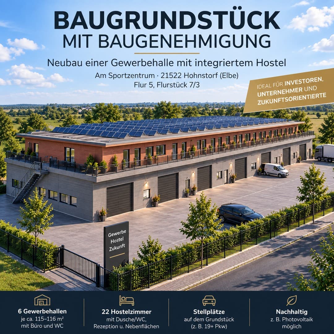 Baugrundstück mit erteilter Baugenehmigung - Gewerbehalle mit integriertem Hostel ( Privatverkauf )
