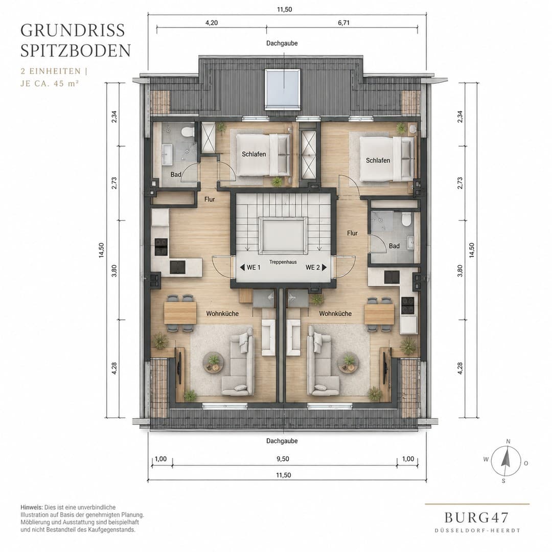 Genehmigter DG-Rohling in Düsseldorf-Heerdt – zwei Mal ca. 47 m² – jeweils nur 59.000 €