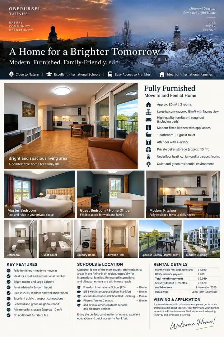 Fully Furnished 3-Room Modern Apartment with Large Balcony and Taunus Views in Oberursel