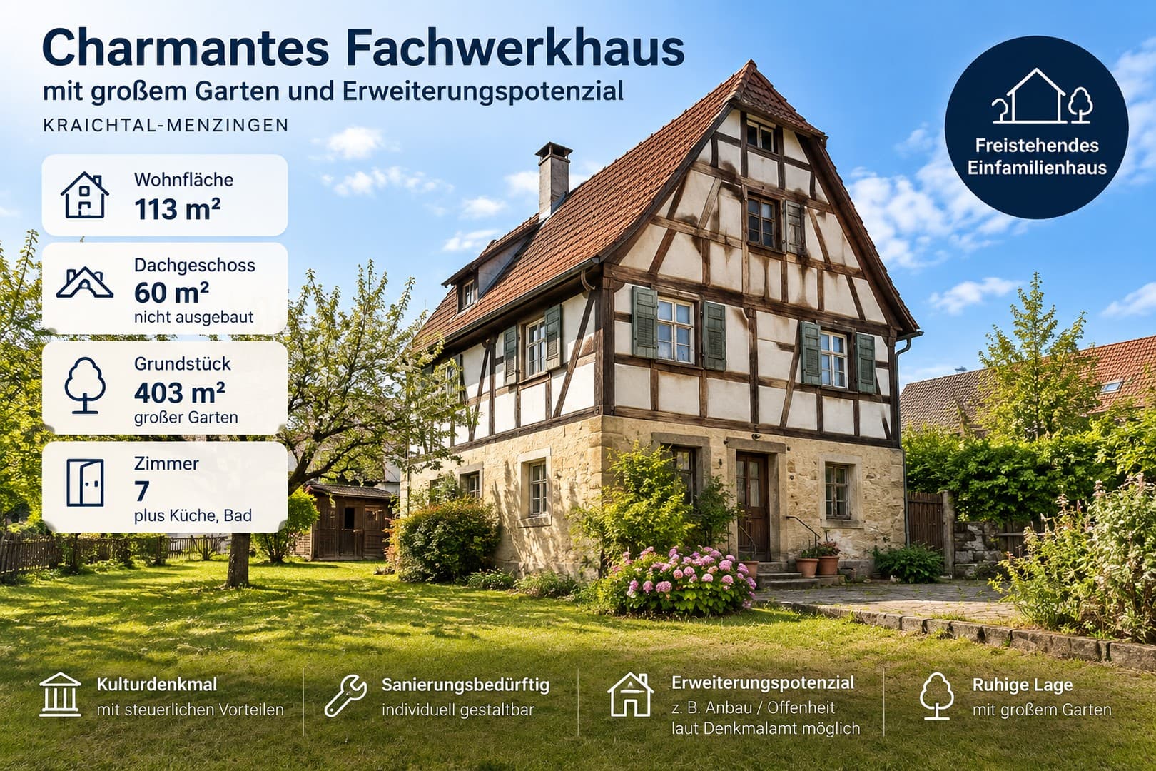 Fachwerkhaus mit Erweiterungspotenzial in Kraichtal-Menzingen mit 400 m² Grundstück