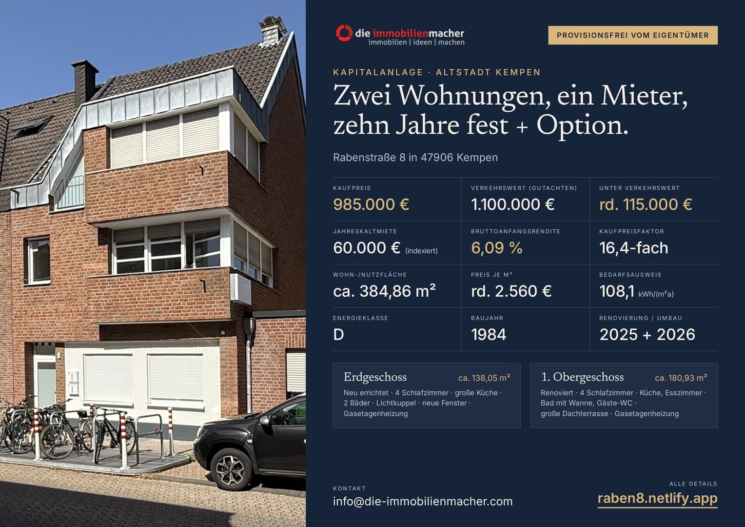 Kapitalanlage Altstadt Kempen: 2 Wohnungen, 10 Jahre fest vermietet, 6,09 % Rendite, provisionsfrei