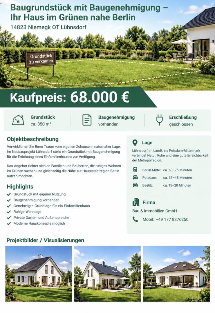 Bauträgerfrei Baugrundstück mit Baugenehmigung ab 68.000 € – Ihr Haus im Grünen nahe Berlin