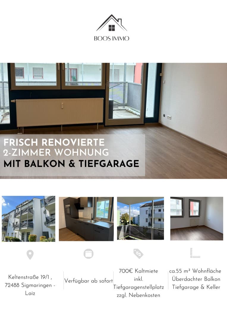 Frisch renovierte 2-Zimmer-Wohnung mit neuer Einbauküche, Balkon & Tiefgarage in Sigmaringen-Laiz