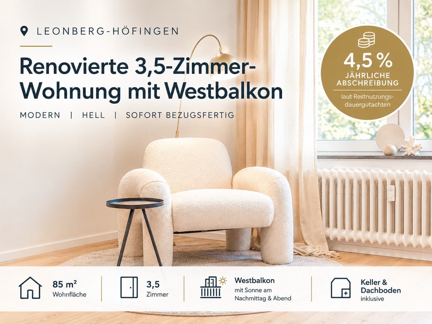 provisionsfrei: Renovierte 3-Zimmer-Wohnung mit Westbalkon – 4,5 % AfA