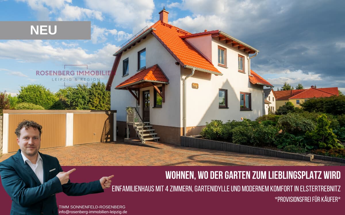 Provisionsfrei für Käufer:
Familienhaus mit Traumgarten, Teich, Balkon & Garagen bei Leipzig
