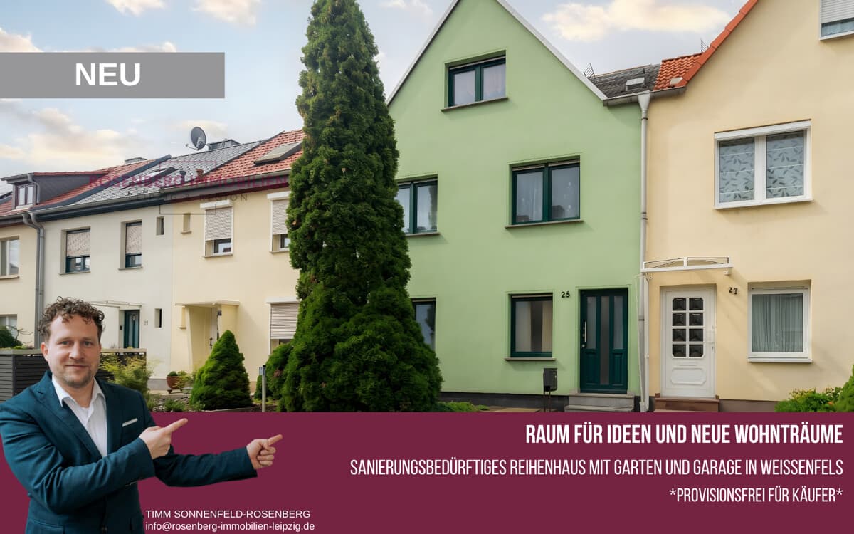 Provisionsfrei für Käufer:
Ausbaufähiges Reihenhaus mit Garten,
Garage & Potenzial in Weißenfels