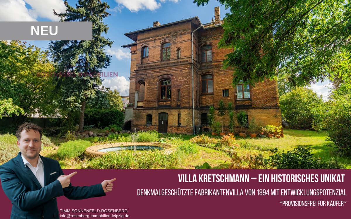 Villa Kretschmann in Borsdorf:
Denkmal, Garten & Gestaltungsspielraum – provisionsfrei für Käufer