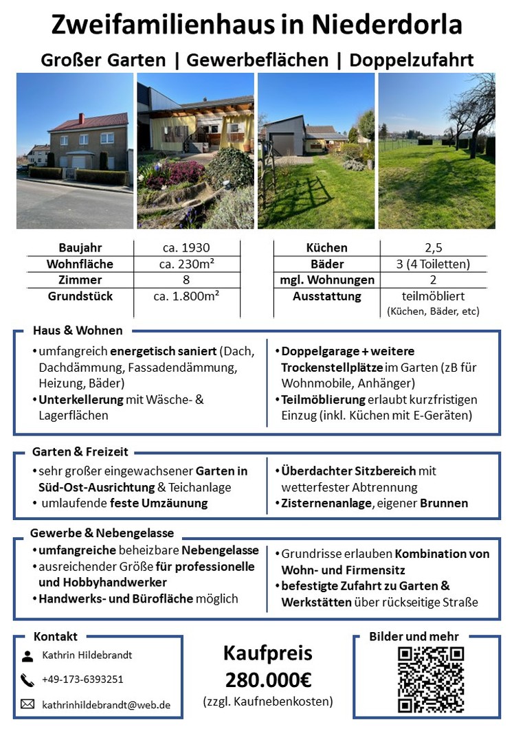Ein- bis Zweifamilienhaus mit großem Garten, Gewerbeflächen, Doppelzufahrt & Garagen – Niederdorla – Vorschaubild 2