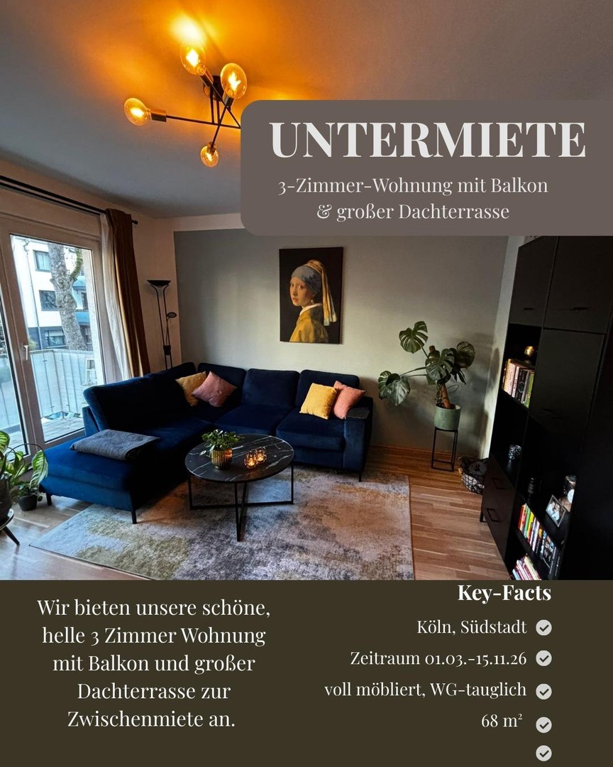 Untermiete 3 Zimmer-Wohnung Dachterrasse,Balkon ab 01.03.26