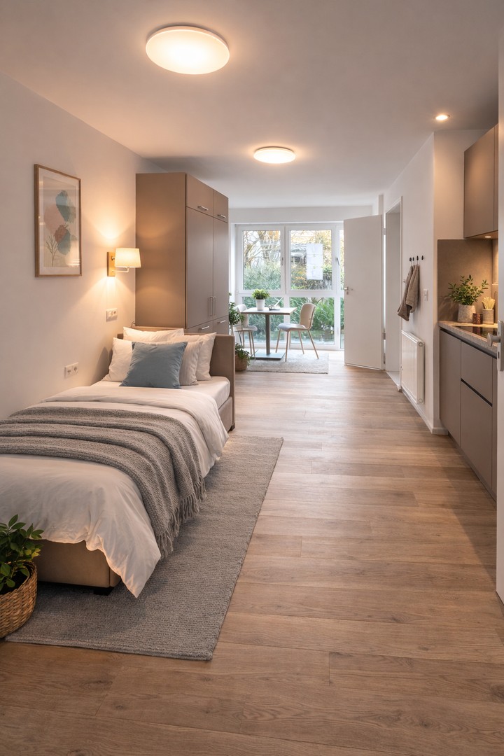 Studenten/Azubi Apartment möbliert mit Küche + Bad + Fitnessraum + Garten***Erstbezug***