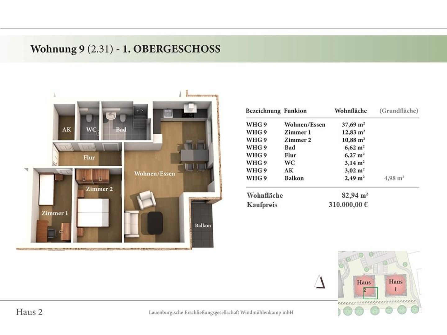 3 Zimmer 1. OG Neubau-Eigentumswohnung 2.31 – Lauenburg an der Elbe – Vorschaubild 2