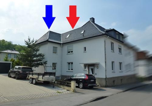 Doppelhaushälfte links (Rot) + Anbau (Blau)