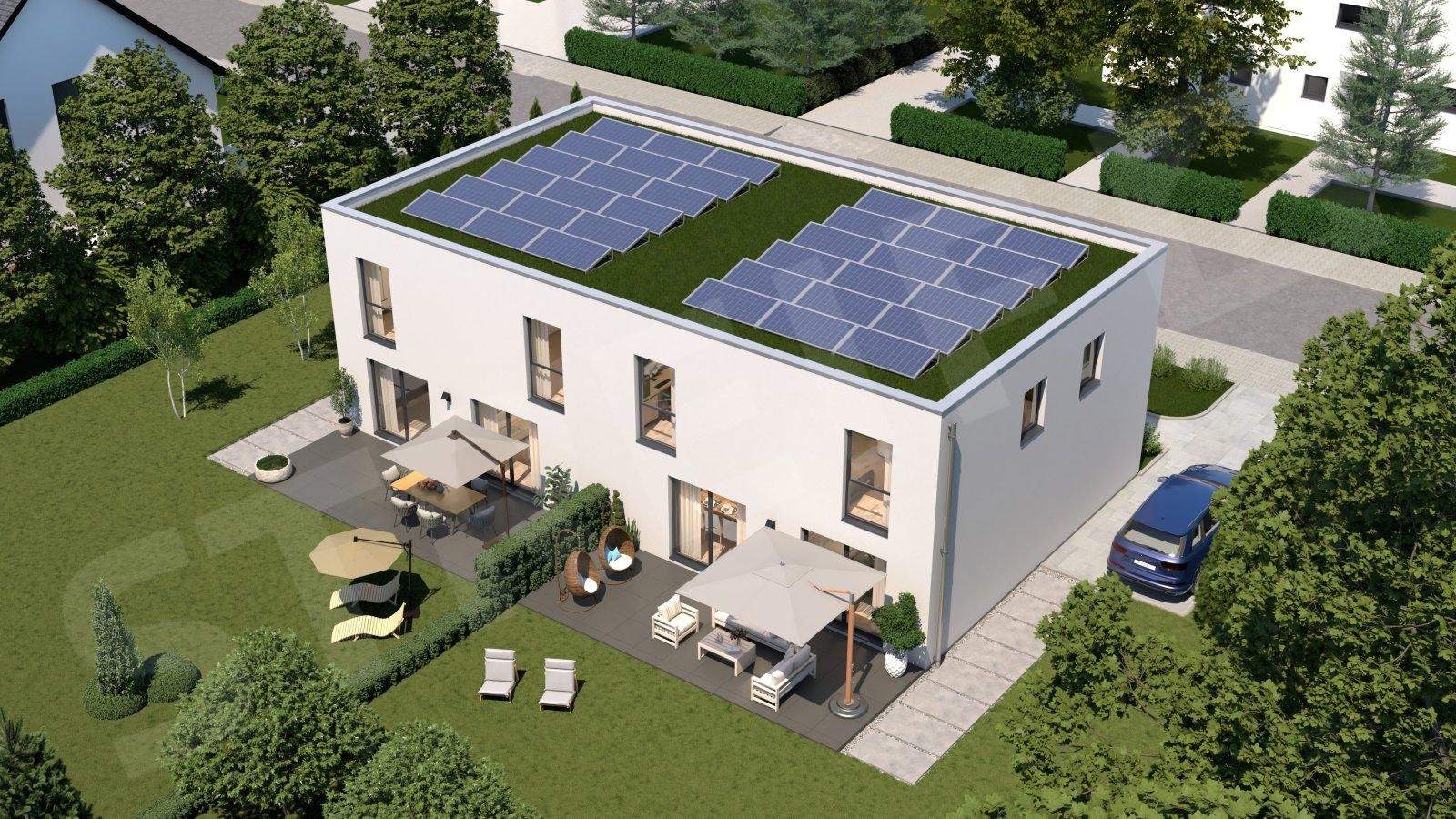 Doppelhaus mit Dachbegrünung und PV-Anlage