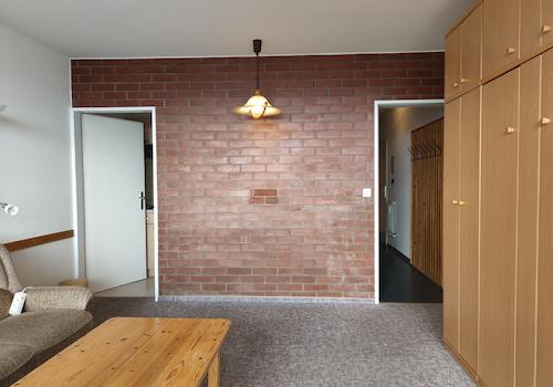 Ein weiterer Anblick auf das Wohnzimmer mit der Steinwand