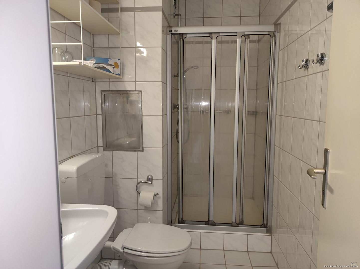 Das Badezimmer mit integriertem Föhn und einer Dusche, WC, und Waschbecken