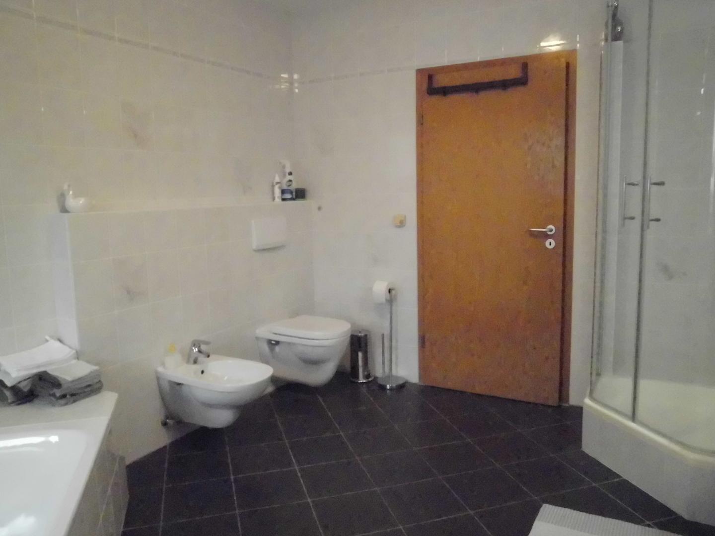 Bad Teilansicht 2 mit Wanne Bidet, WC, Dusche