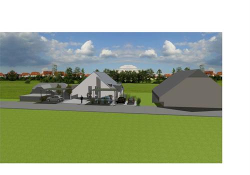 Blick von der Straße mit Nachbarngebäuden