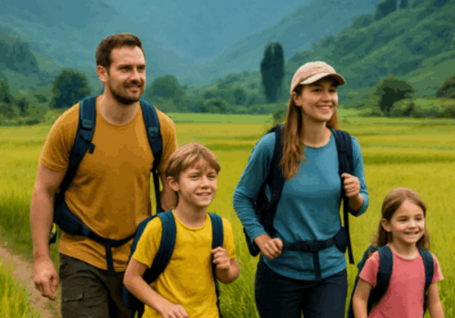 Familie-geht-zum Pool
