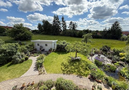 Blick in Garten mit Gartenhaus