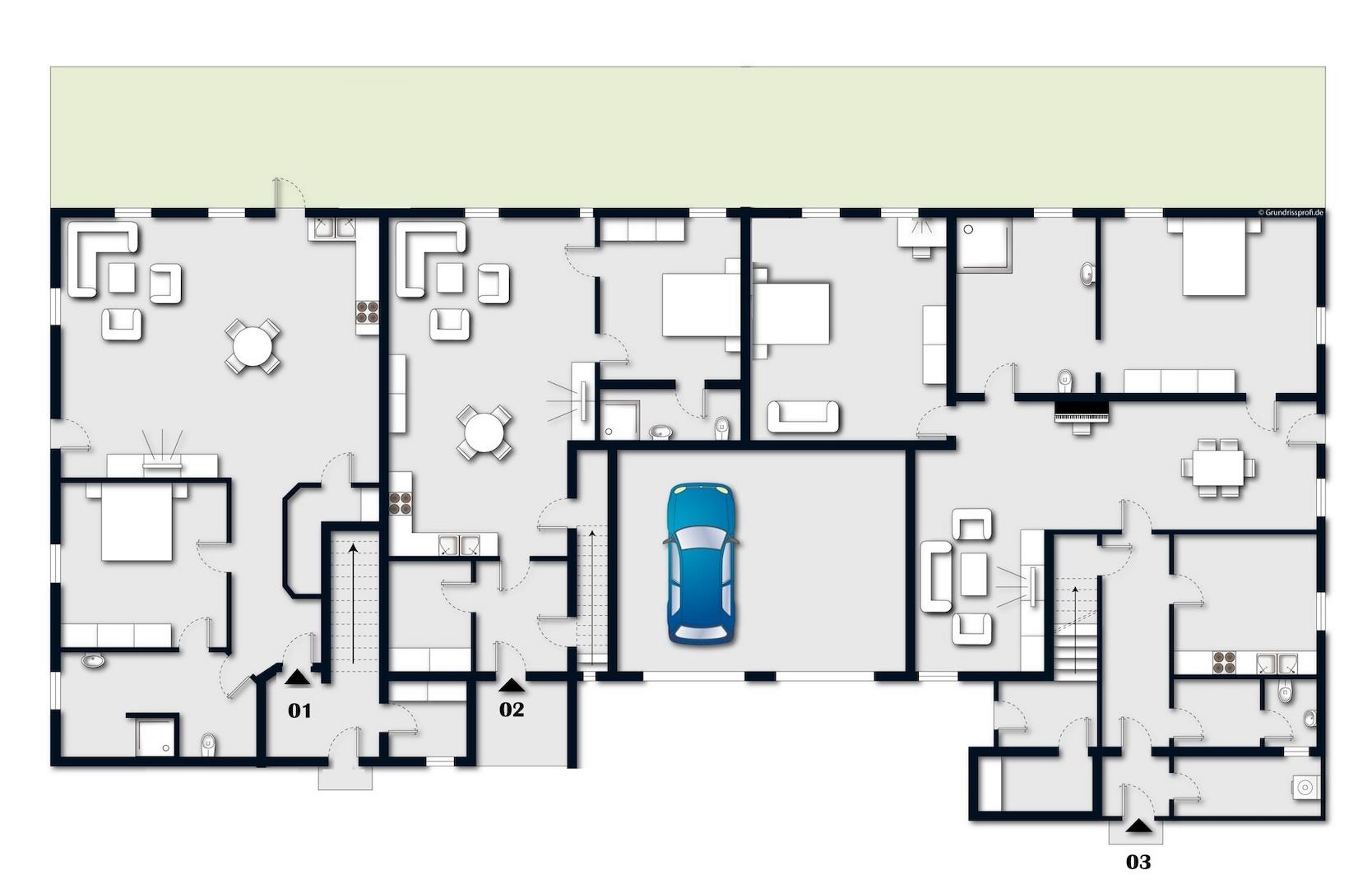 Wohnungsgrundrisse Erdgeschoss (nicht maßstabsgetreu)